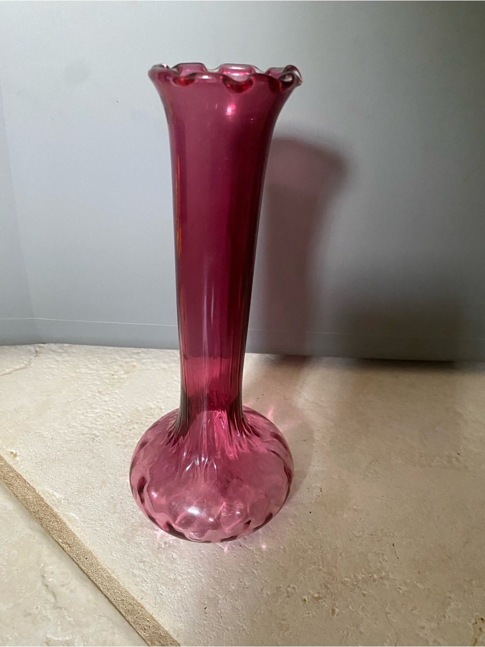 VTG Pilgrim Cranberry Glass Hand Blown Optic Swirl Ruffled Bud Vase